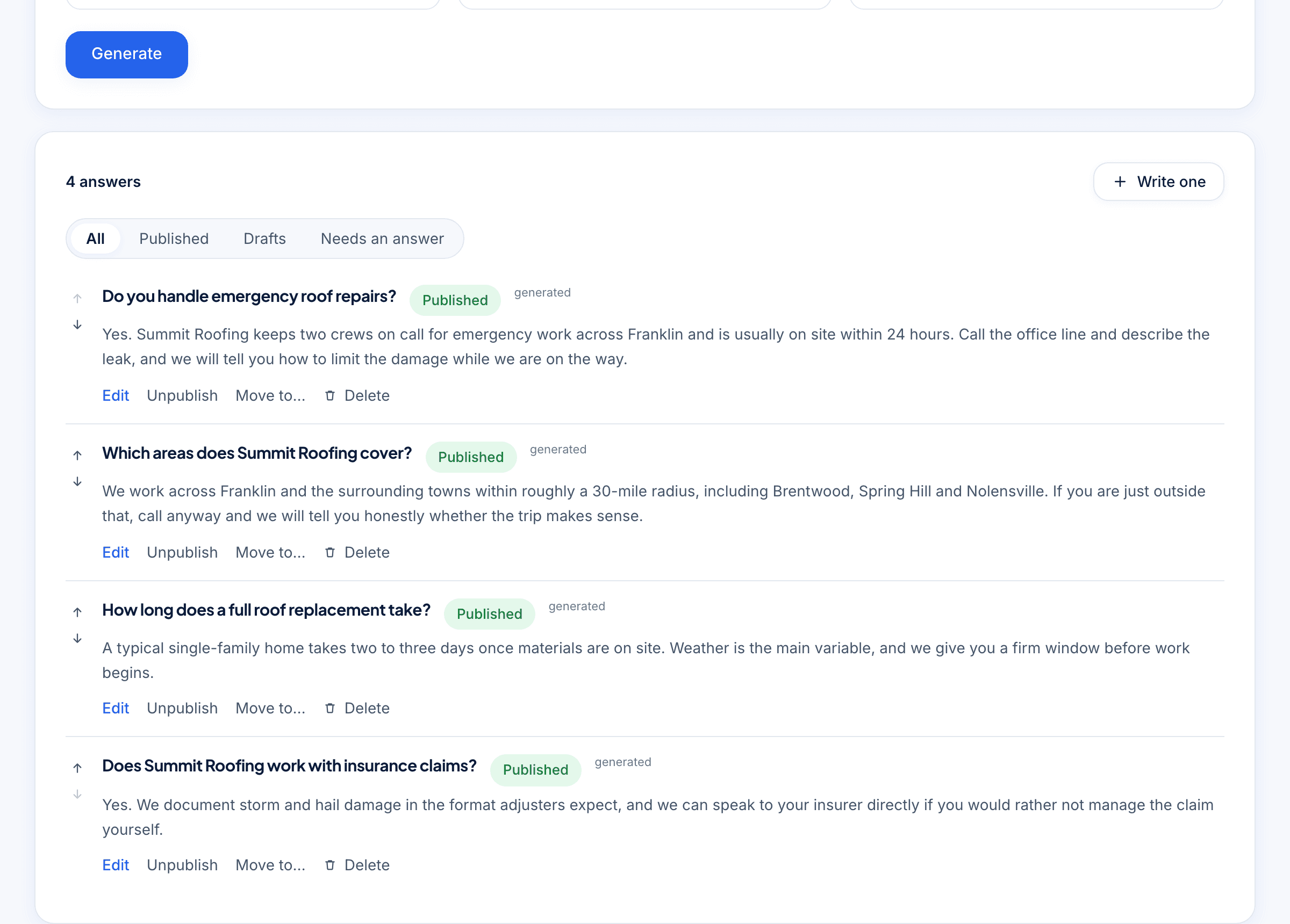 The Answers screen in FaqFlo — Answers written to be quoted, page by page