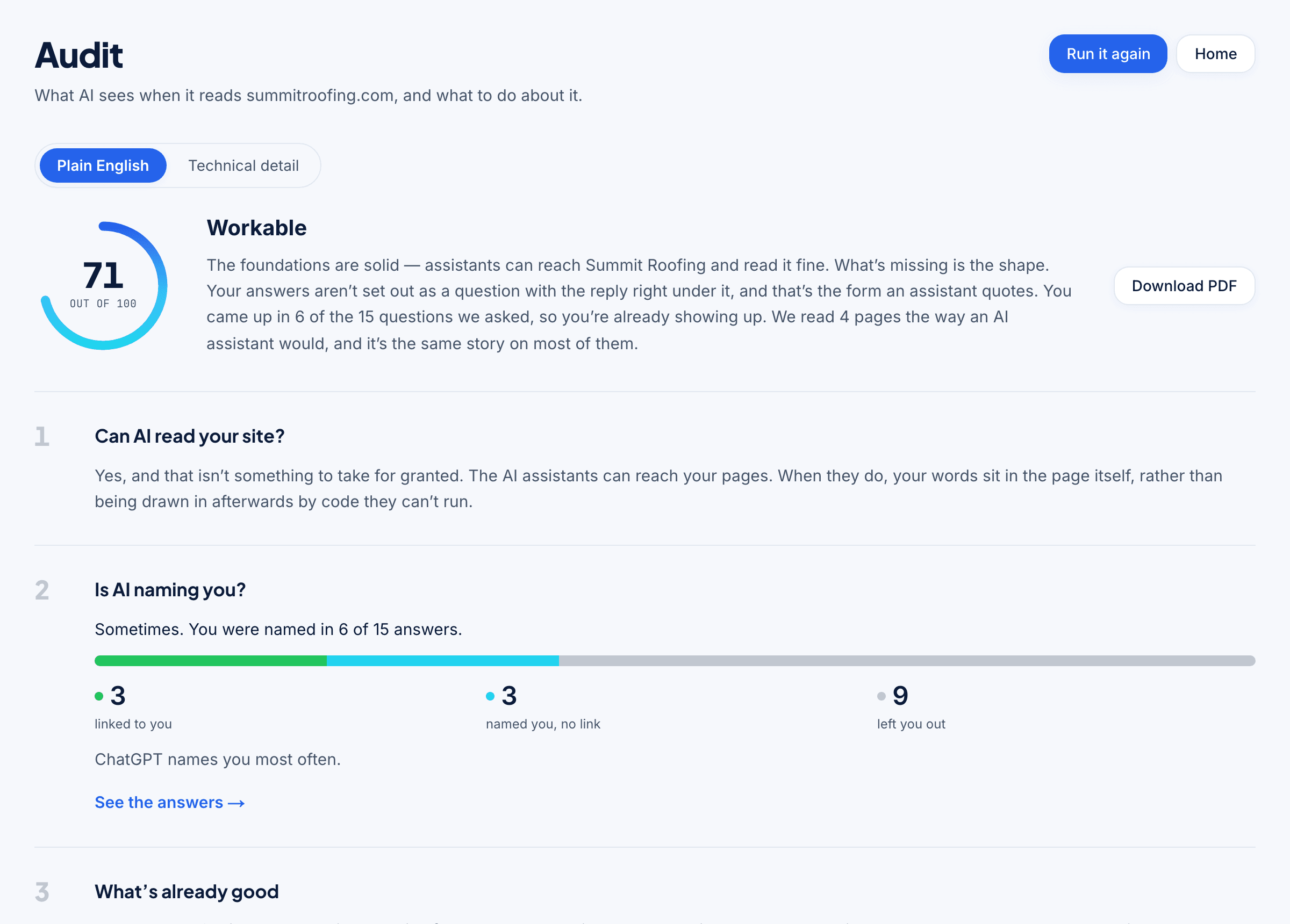 The Your site screen in FaqFlo — What an AI crawler sees when it reads you
