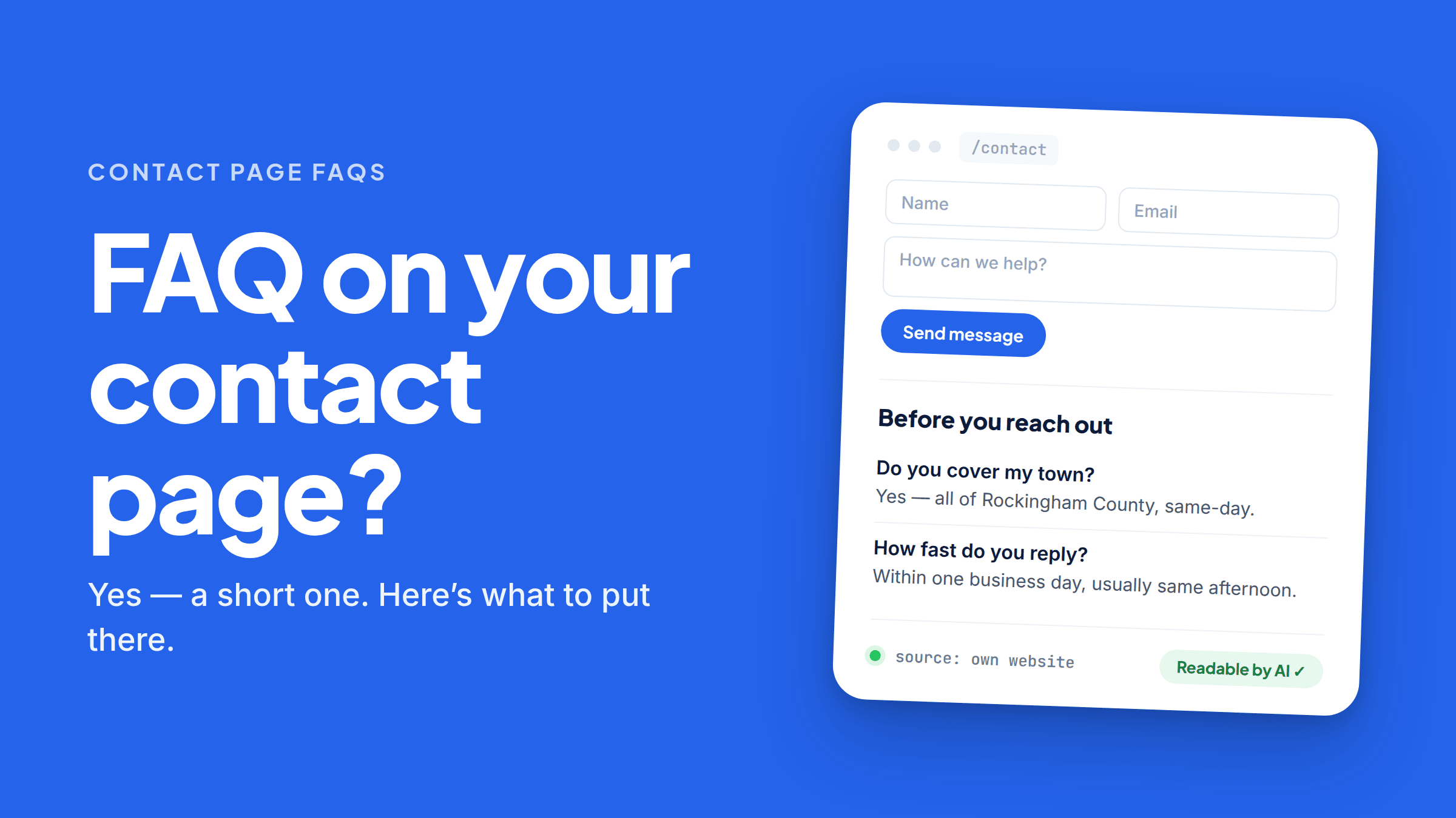 A contact page mockup: name, email and “How can we help?” fields above a Send message button. Below them, a section headed “Before you reach out” with two questions — “Do you cover my town?” answered “Yes — all of Rockingham County, same-day”, and “How fast do you reply?” answered “Within one business day, usually same afternoon”. Along the bottom: “source: own website” beside a green “Readable by AI” tag.