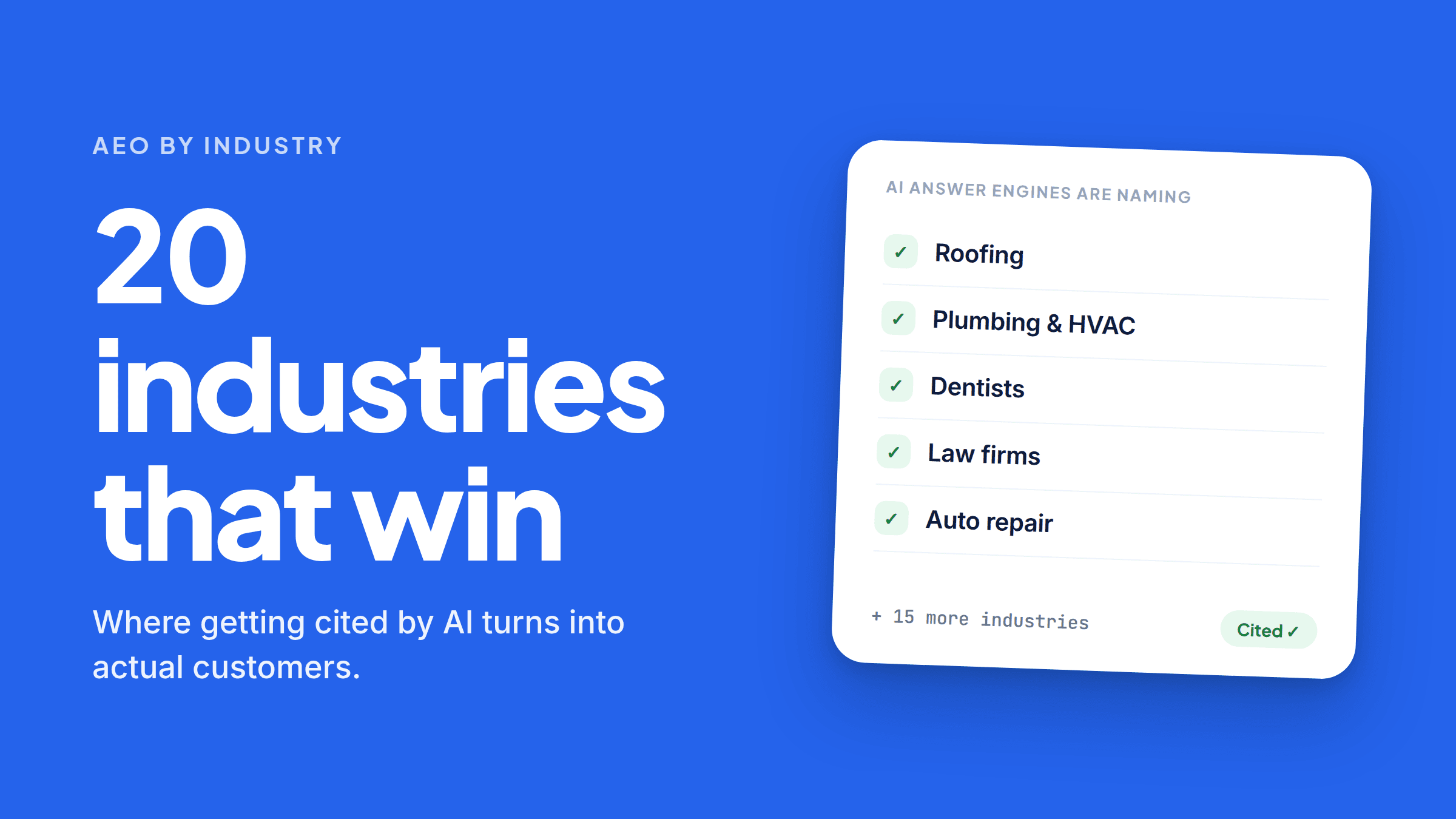 A grid of industry labels — roofing, plumbing, HVAC, dental, legal, accounting and more — under the heading “20 industries”, with the phrase “in a good way” set beside them.