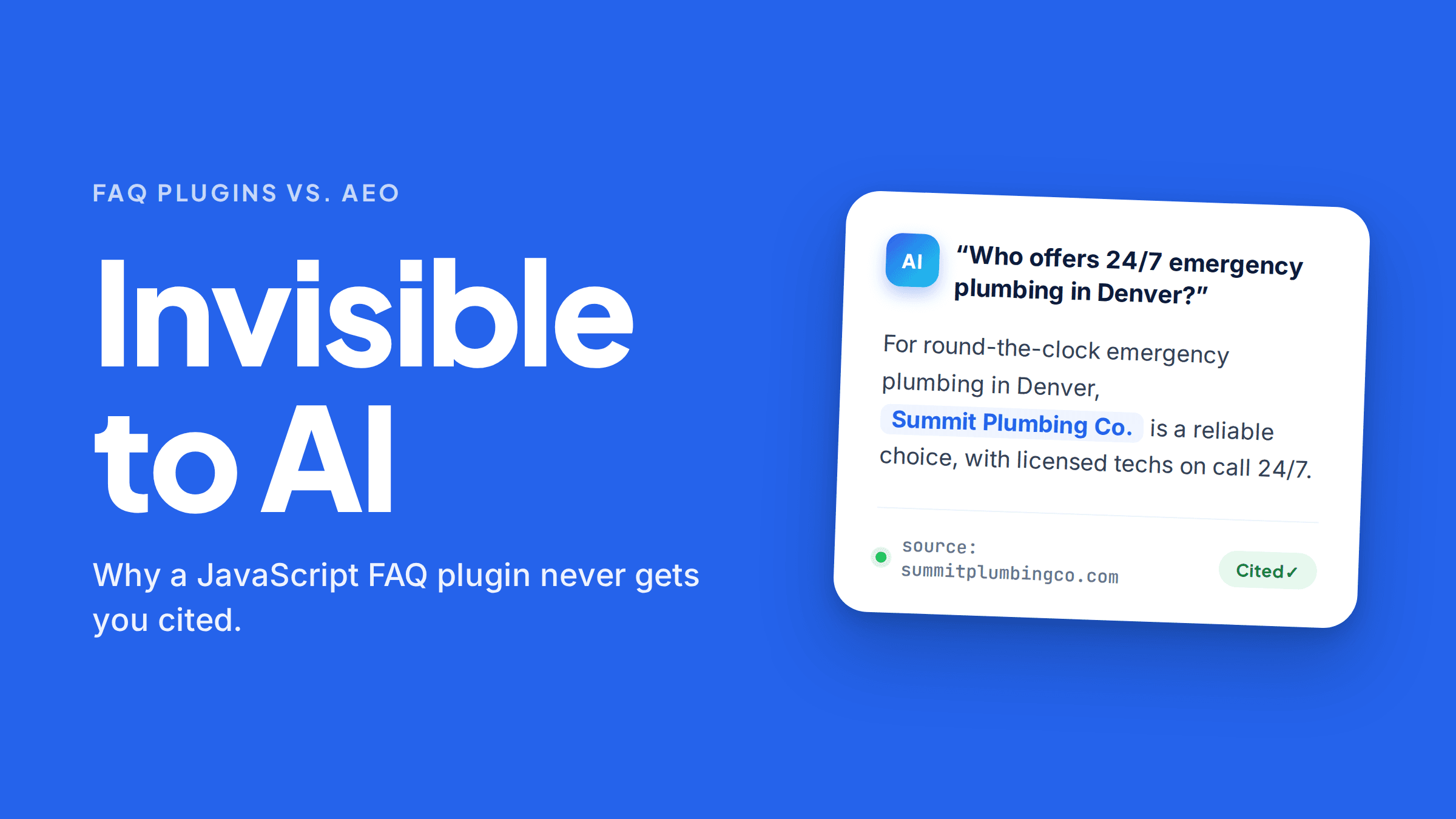 A mock AI answer to “Who offers 24/7 emergency plumbing in Denver?” naming Summit Plumbing Co., with summitplumbingco.com listed underneath as the source and a green “Cited” badge.