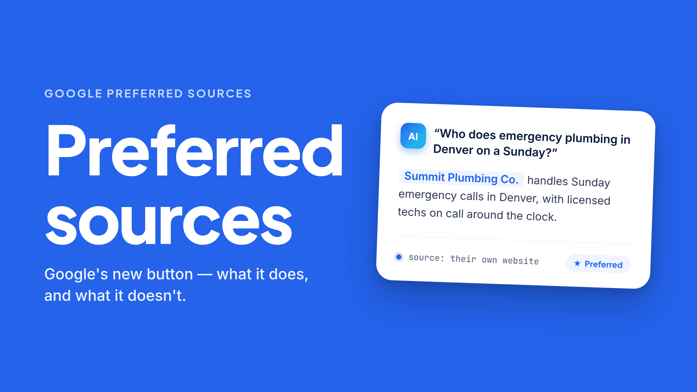 On a blue background, the words “Preferred sources” beside a white card showing an AI answer. The question reads “Who does emergency plumbing in Denver on a Sunday?” and the reply names Summit Plumbing Co. Along the bottom of the card, a line reading “source: their own website” sits next to a blue badge marked “Preferred”.