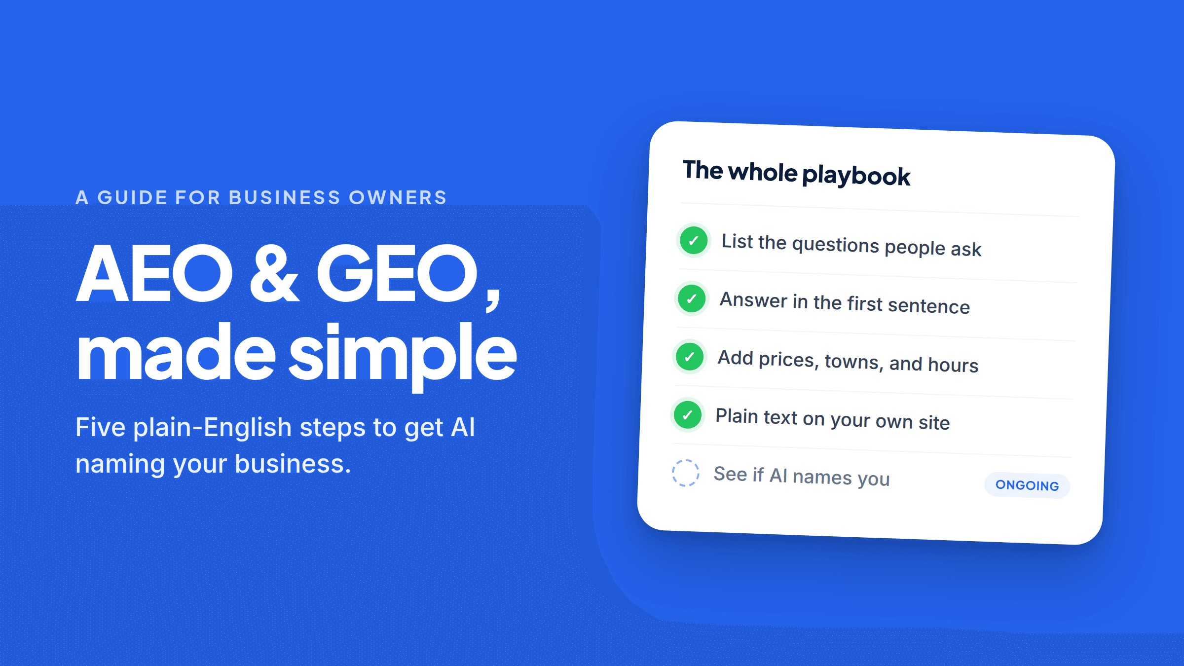 A checklist card headed “The whole playbook” with four ticked steps — list the questions people ask, answer in the first sentence, add prices, towns, and hours, and plain text on your own site — followed by a fifth unticked step, “See if AI names you”, marked ongoing.