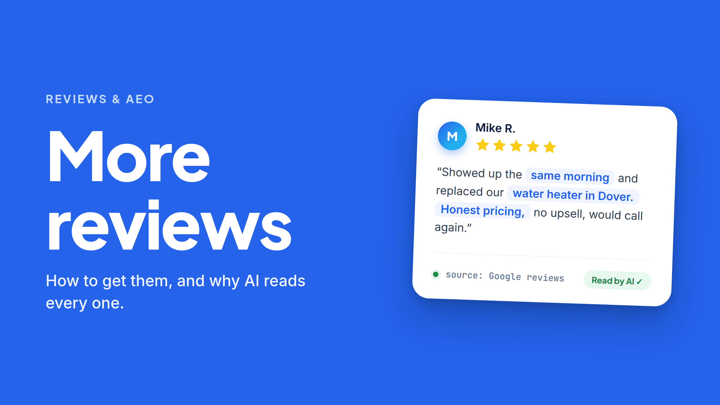 A five-star Google review from Mike R. reading “Showed up the same morning and replaced our water heater in Dover. Honest pricing, no upsell, would call again,” with “same morning”, “water heater in Dover” and “Honest pricing” highlighted. Along the bottom: “source: Google reviews” beside a green “Read by AI” tag.